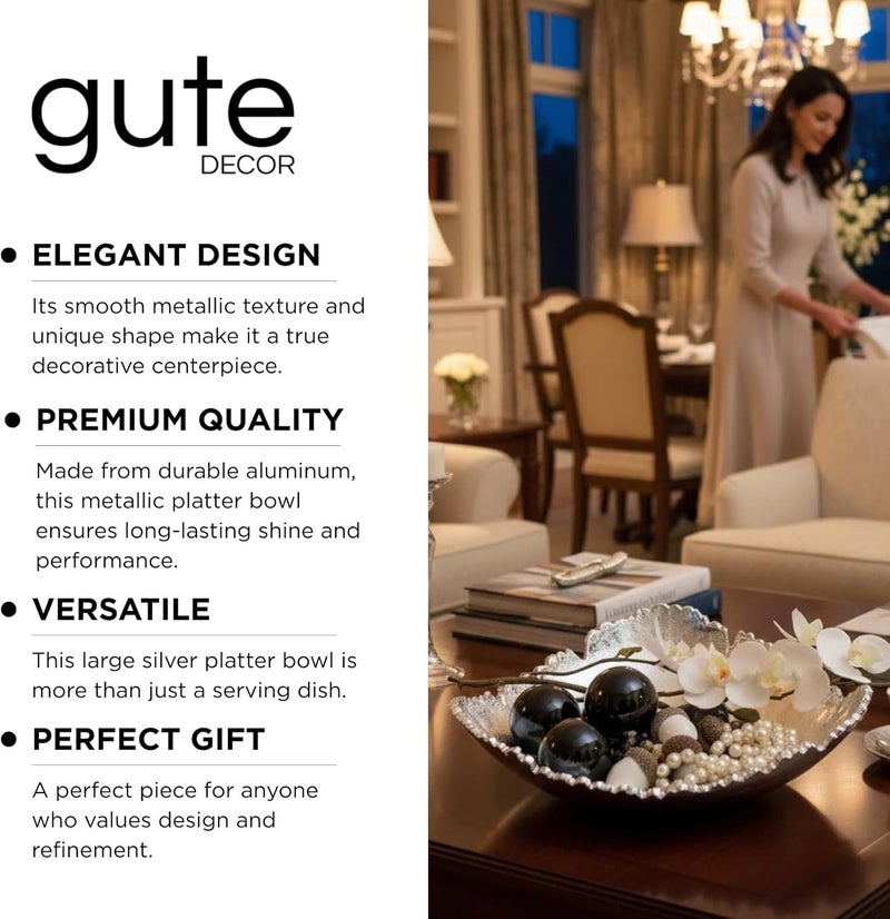 Gute 12 Inch Premium Decorative Antique Silver Hammered Torn Metal Centerpiece Bowl, Sculpted Leaf Edges Coated Chrome Allure Aluminum Platter Modern Table Accent, Home Kitchen Dining Room Textured Display - Image 4